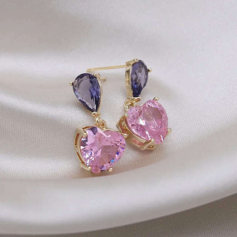 KIMLUD, Korea New Design Fashion Jewelry Simple Purple Crystal Water Drops Pink Zircon Love Pendant Earrings Sweet Women&#39;s Party Earring, KIMLUD Womens Clothes