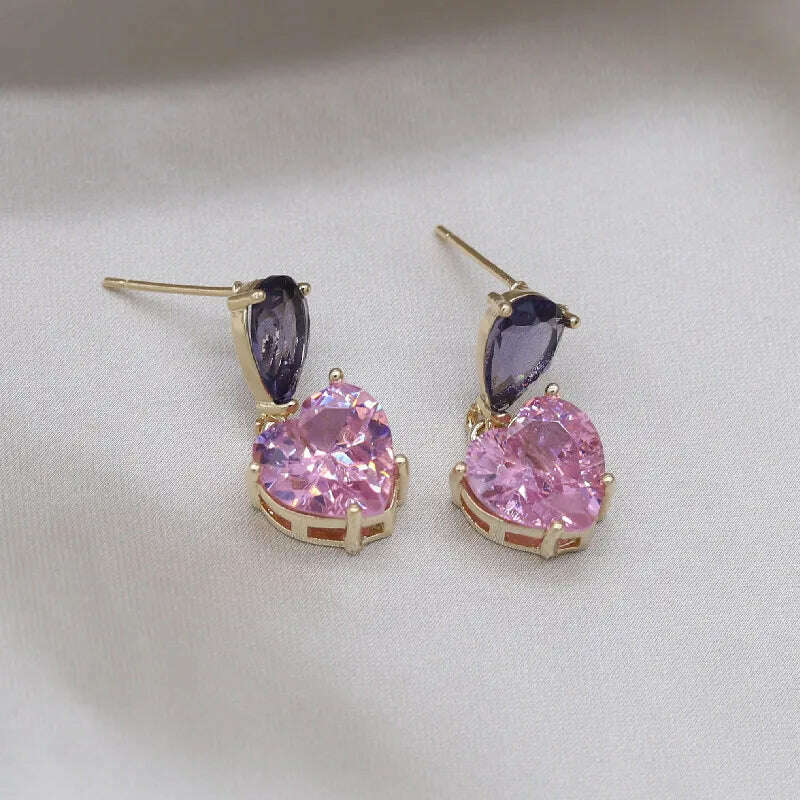 KIMLUD, Korea New Design Fashion Jewelry Simple Purple Crystal Water Drops Pink Zircon Love Pendant Earrings Sweet Women&#39;s Party Earring, KIMLUD Womens Clothes