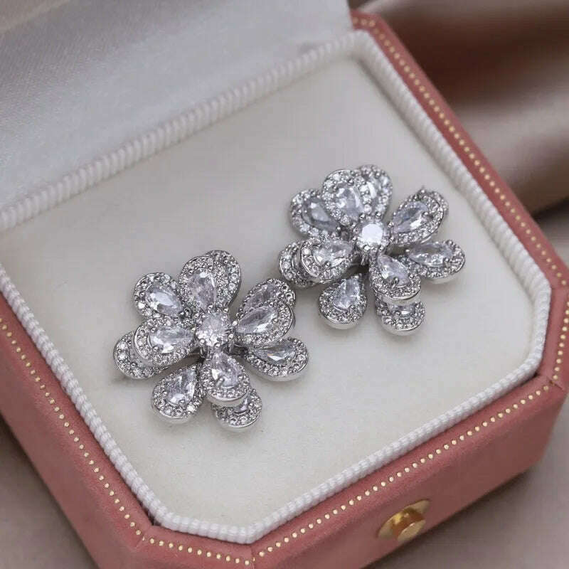 KIMLUD, Korea&#39;s new fashion jewelry 14K gold plated luxury double-layer color zircon flower earrings elegant women&#39;s party accessories, silver, KIMLUD Womens Clothes