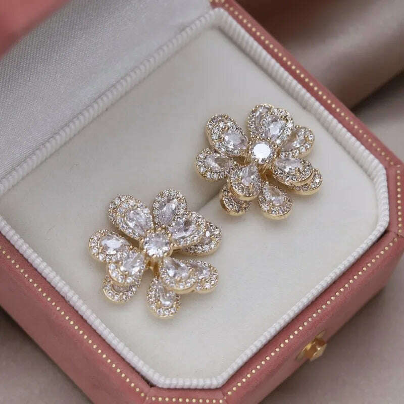 KIMLUD, Korea&#39;s new fashion jewelry 14K gold plated luxury double-layer color zircon flower earrings elegant women&#39;s party accessories, gold, KIMLUD Womens Clothes