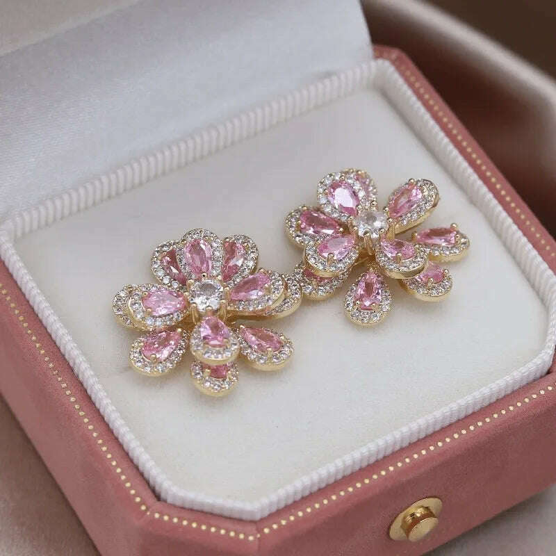 KIMLUD, Korea&#39;s new fashion jewelry 14K gold plated luxury double-layer color zircon flower earrings elegant women&#39;s party accessories, pink, KIMLUD Womens Clothes