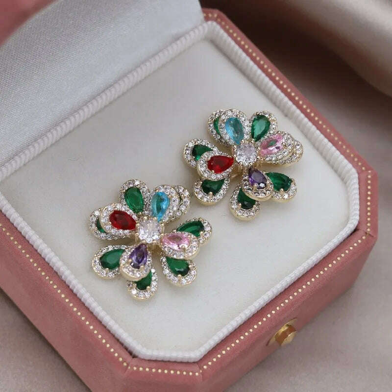 KIMLUD, Korea&#39;s new fashion jewelry 14K gold plated luxury double-layer color zircon flower earrings elegant women&#39;s party accessories, color, KIMLUD Womens Clothes