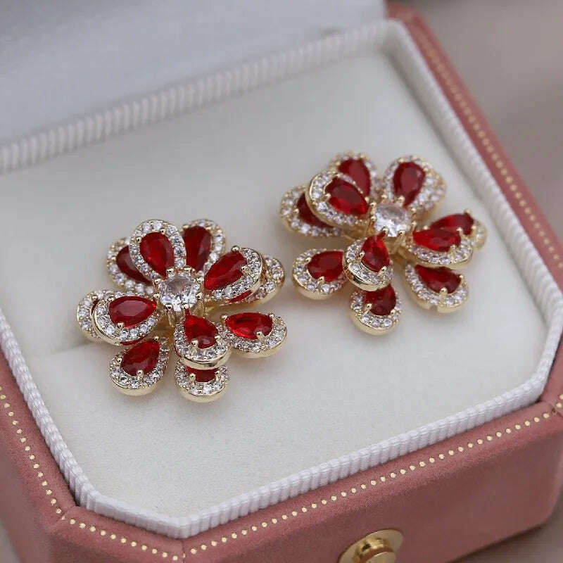 KIMLUD, Korea&#39;s new fashion jewelry 14K gold plated luxury double-layer color zircon flower earrings elegant women&#39;s party accessories, red, KIMLUD Womens Clothes