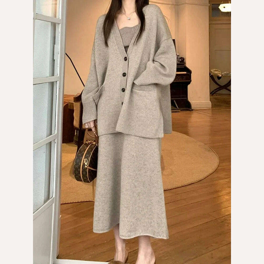 KIMLUD, Korean Fashion 2 Piece Sets Womens Outifits 2024 Autumn New in Knit Cardigan Dress Sets Loose Sweater Skirt Sets Womens Clothing, Camel / M, KIMLUD Women's Clothes