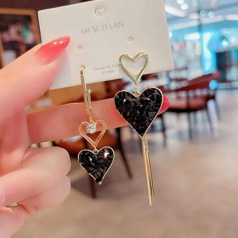 KIMLUD, Korean Fashion Exquisite Light Luxury Zircon Diamond Set Black Heart Shaped Pendant Earrings Party Commemorative Gift Jewelry, Black, KIMLUD APPAREL - Womens Clothes