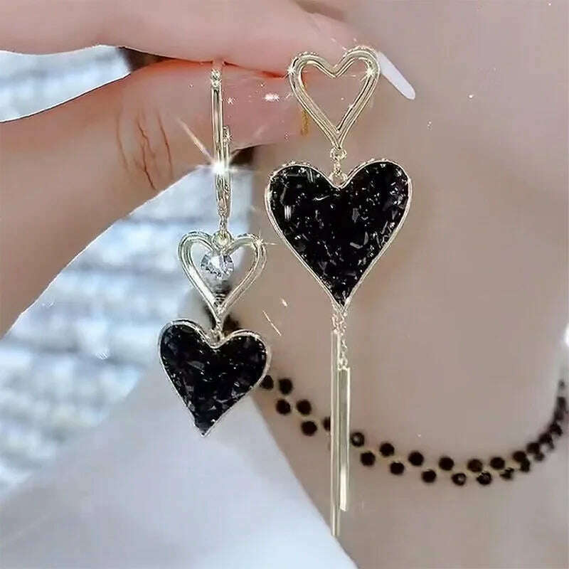 KIMLUD, Korean Fashion Exquisite Light Luxury Zircon Diamond Set Black Heart Shaped Pendant Earrings Party Commemorative Gift Jewelry, KIMLUD Womens Clothes