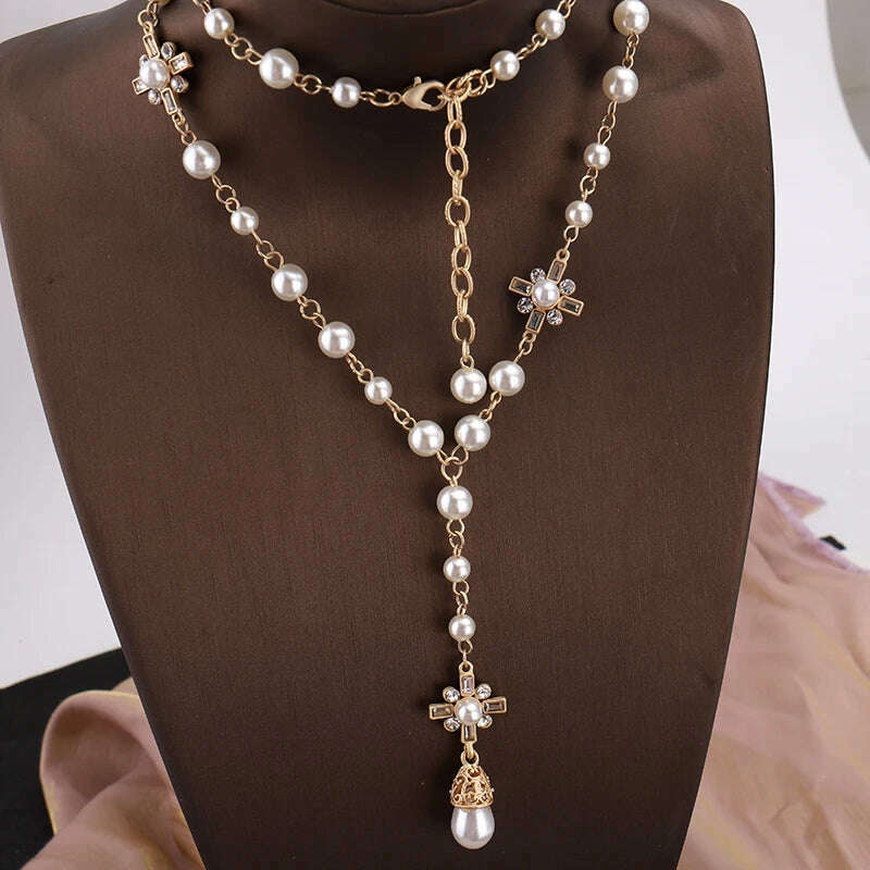 Korean Fashion Pearl Long Double Layer Pendant Necklace Sweater Chain Accessories - KIMLUD