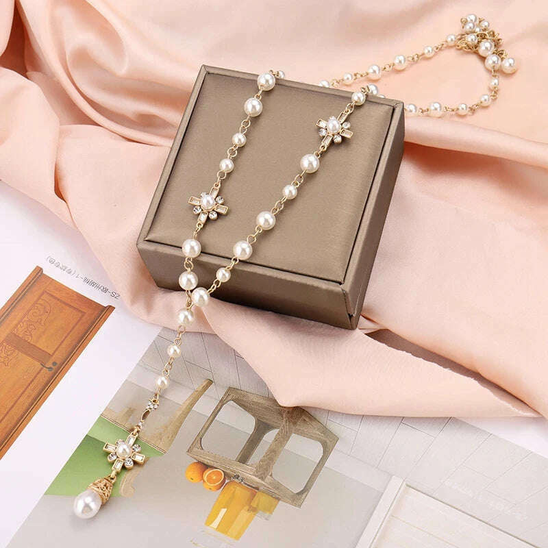 Korean Fashion Pearl Long Double Layer Pendant Necklace Sweater Chain Accessories - KIMLUD