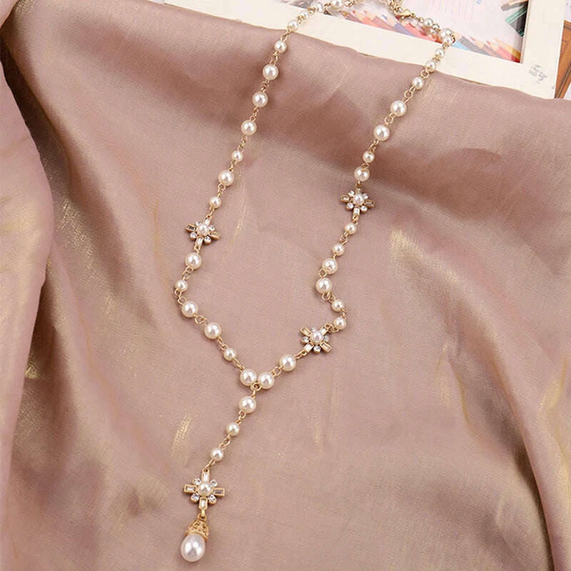 KIMLUD, Korean Fashion Pearl Long Double Layer Pendant Necklace Sweater Chain Accessories, KIMLUD Womens Clothes