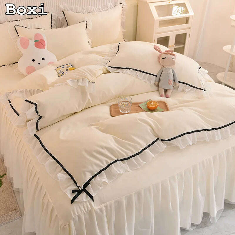 KIMLUD, Korean Girl Heart Solid Color Bedding Set Cute Princess Style Cotton Bed Skirt Full Queen Size Flat Sheet Quilt Cover Pillowcase, KIMLUD Women's Clothes