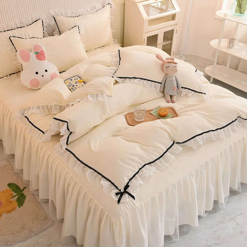 KIMLUD, Korean Girl Heart Solid Color Bedding Set Cute Princess Style Cotton Bed Skirt Full Queen Size Flat Sheet Quilt Cover Pillowcase, KIMLUD Women's Clothes