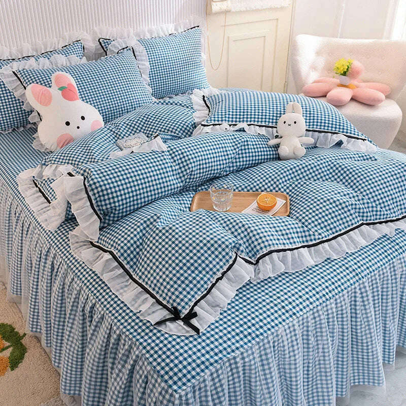 KIMLUD, Korean Girl Heart Solid Color Bedding Set Cute Princess Style Cotton Bed Skirt Full Queen Size Flat Sheet Quilt Cover Pillowcase, Grid Blue / Full (1.5m bed) / Flat Bed Sheet, KIMLUD Women's Clothes