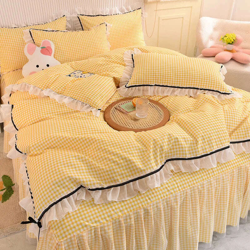 KIMLUD, Korean Girl Heart Solid Color Bedding Set Cute Princess Style Cotton Bed Skirt Full Queen Size Flat Sheet Quilt Cover Pillowcase, Grid Yellow / Full (1.5m bed) / Flat Bed Sheet, KIMLUD Women's Clothes