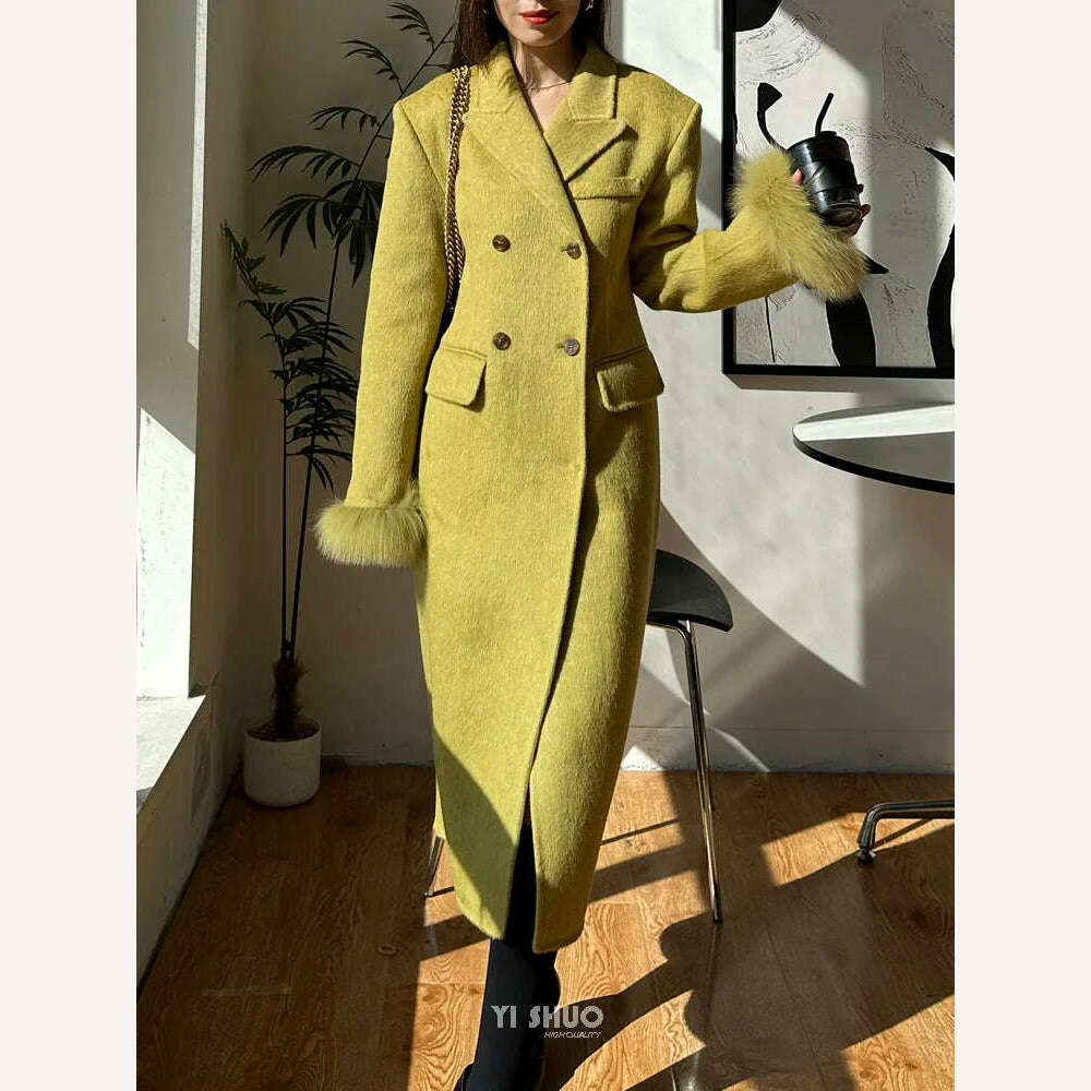 KIMLUD, Korean High-end Women Fashion Fox Fur Sleeves Hourglass Slimming Fit Double-sided Silk Soft Wool Cashmere Coat Woolen Overcoat, KIMLUD Womens Clothes