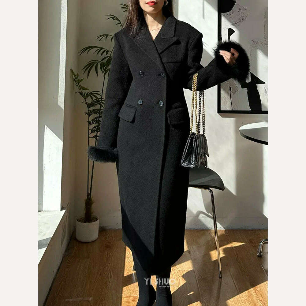 KIMLUD, Korean High-end Women Fashion Fox Fur Sleeves Hourglass Slimming Fit Double-sided Silk Soft Wool Cashmere Coat Woolen Overcoat, KIMLUD Womens Clothes