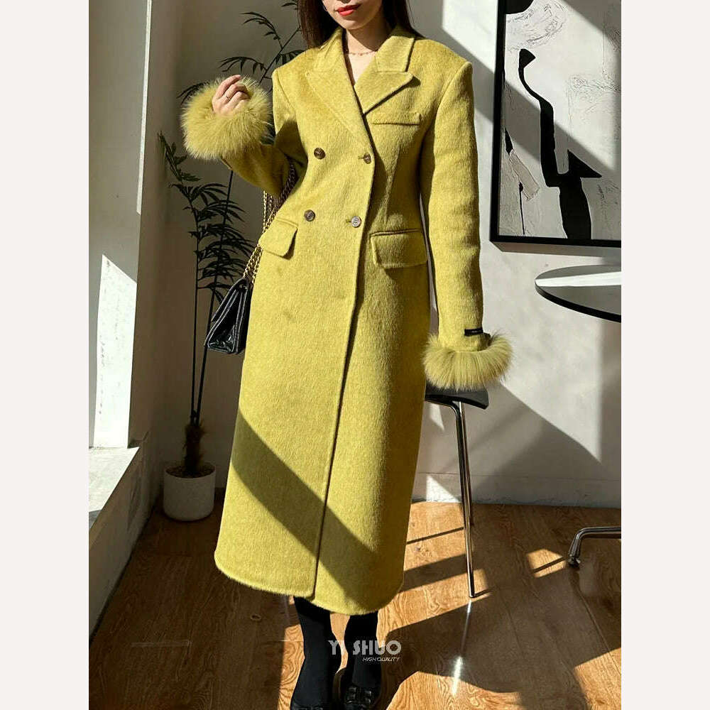 KIMLUD, Korean High-end Women Fashion Fox Fur Sleeves Hourglass Slimming Fit Double-sided Silk Soft Wool Cashmere Coat Woolen Overcoat, green / S, KIMLUD APPAREL - Womens Clothes