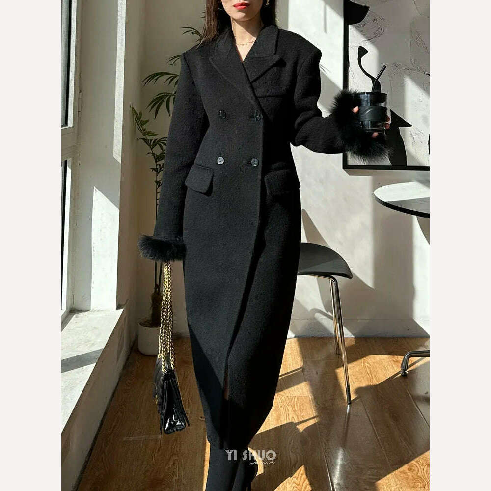 KIMLUD, Korean High-end Women Fashion Fox Fur Sleeves Hourglass Slimming Fit Double-sided Silk Soft Wool Cashmere Coat Woolen Overcoat, black / S, KIMLUD APPAREL - Womens Clothes