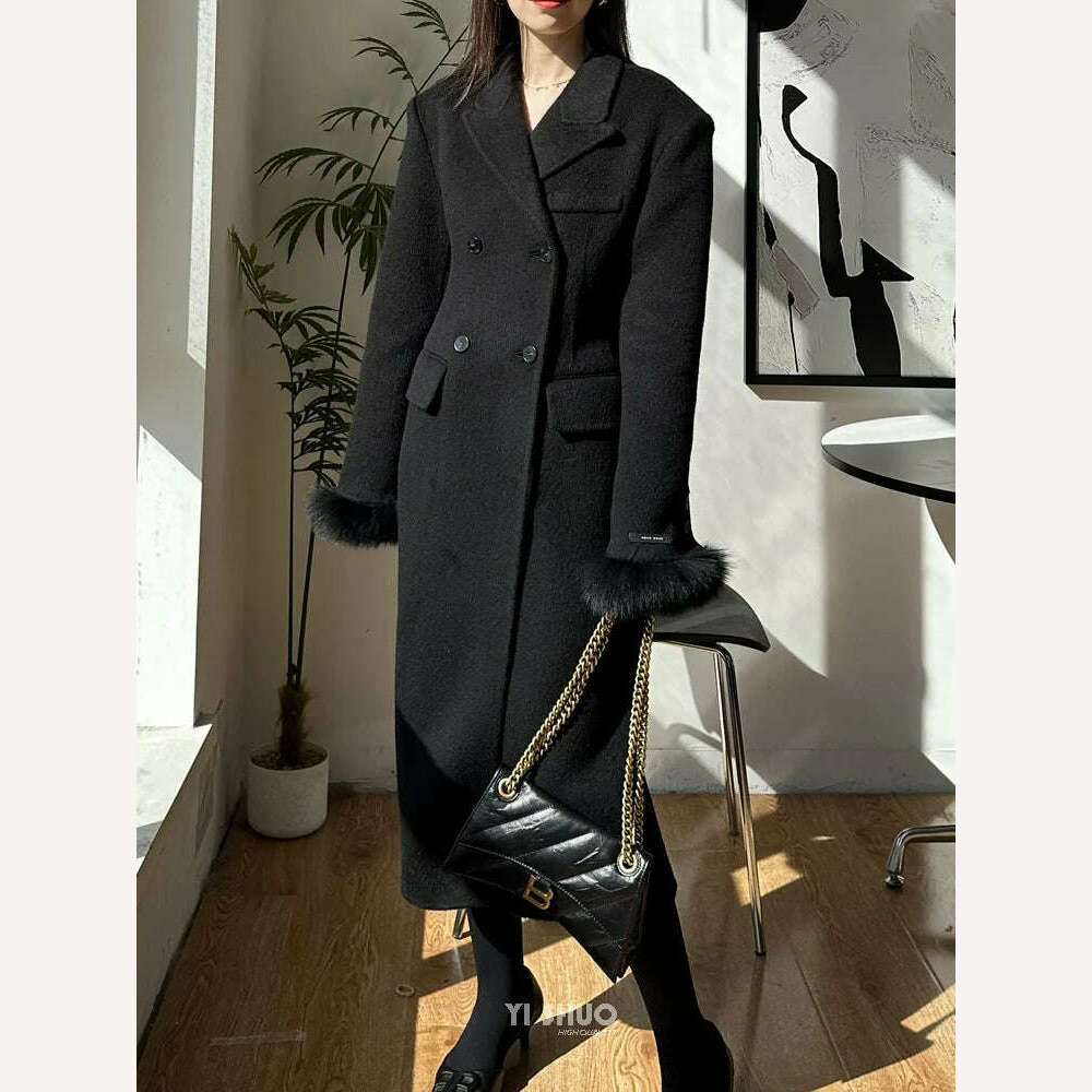 KIMLUD, Korean High-end Women Fashion Fox Fur Sleeves Hourglass Slimming Fit Double-sided Silk Soft Wool Cashmere Coat Woolen Overcoat, KIMLUD Womens Clothes