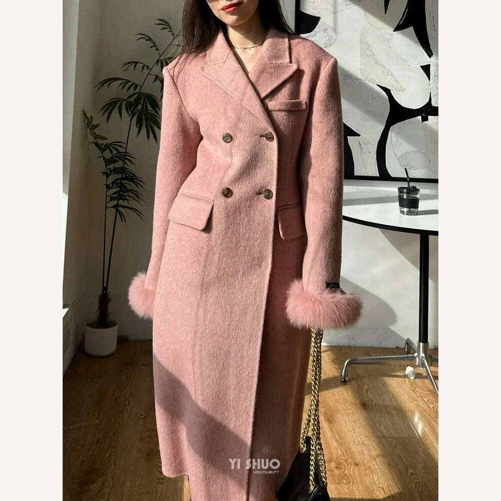 KIMLUD, Korean High-end Women Fashion Fox Fur Sleeves Hourglass Slimming Fit Double-sided Silk Soft Wool Cashmere Coat Woolen Overcoat, KIMLUD Womens Clothes
