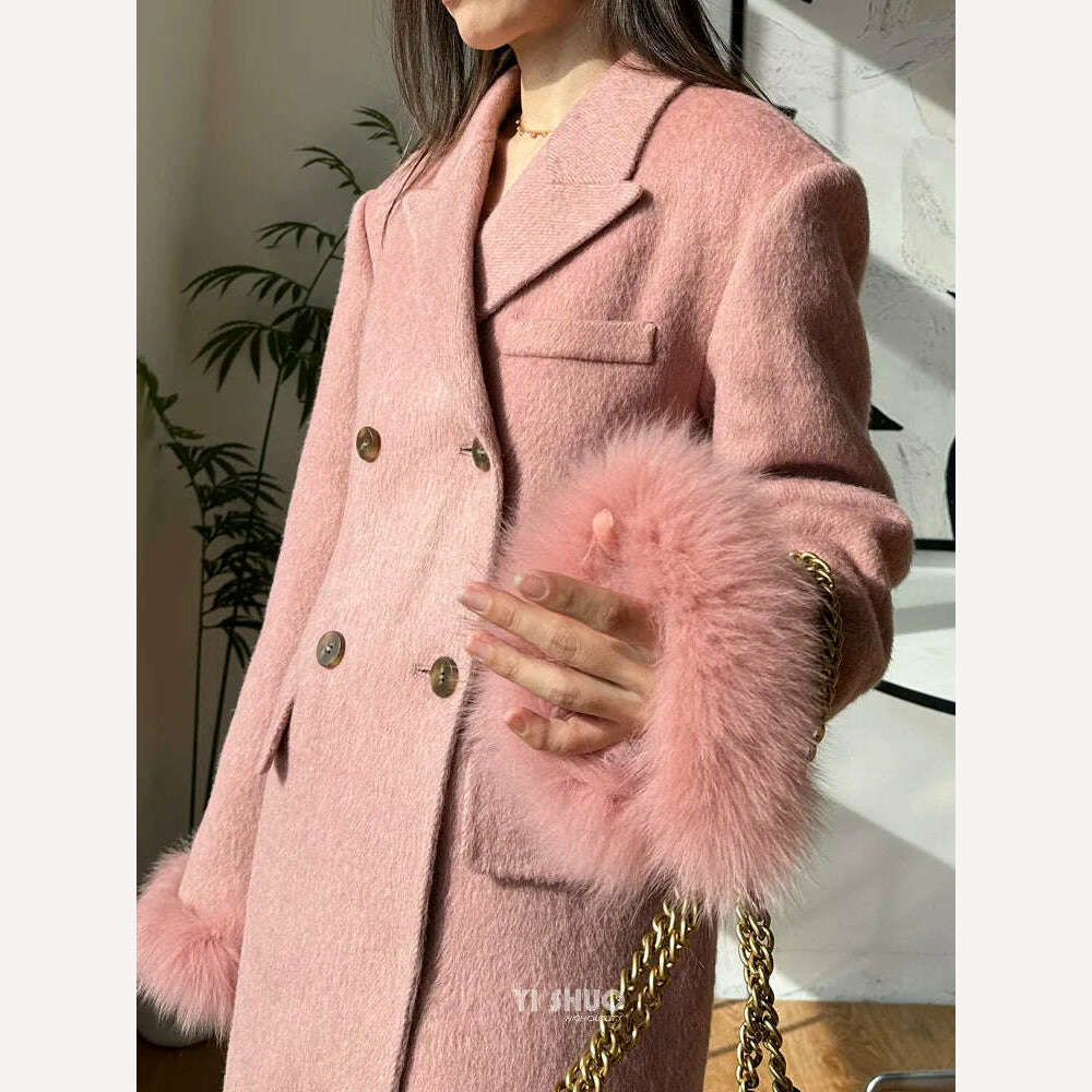 KIMLUD, Korean High-end Women Fashion Fox Fur Sleeves Hourglass Slimming Fit Double-sided Silk Soft Wool Cashmere Coat Woolen Overcoat, KIMLUD Womens Clothes