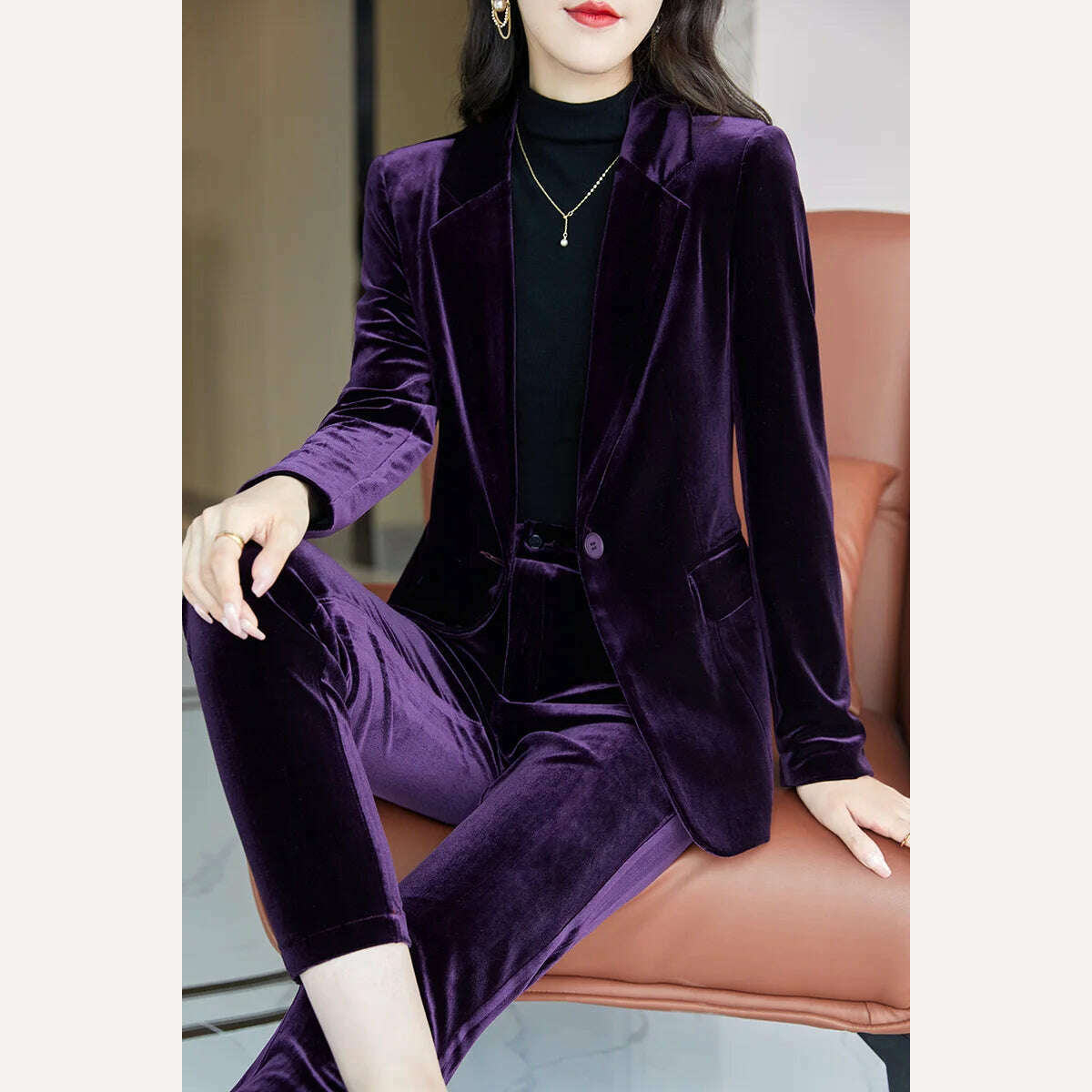 KIMLUD, Korean High-Quality Velvet Autumn Winter Formal Ladies Blazer Business Suits with Sets Work Wear Office Uniform Pants Jacket, Purple blazer  pants / S / China, KIMLUD Women's Clothes