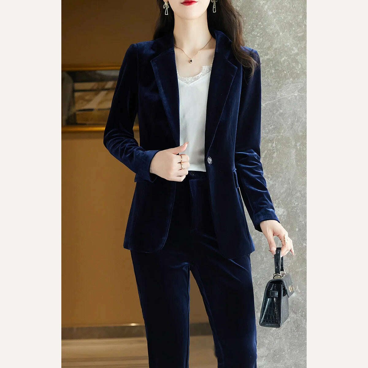 KIMLUD, Korean High-Quality Velvet Autumn Winter Formal Ladies Blazer Business Suits with Sets Work Wear Office Uniform Pants Jacket, Blue blazer  pants / S / China, KIMLUD Womens Clothes