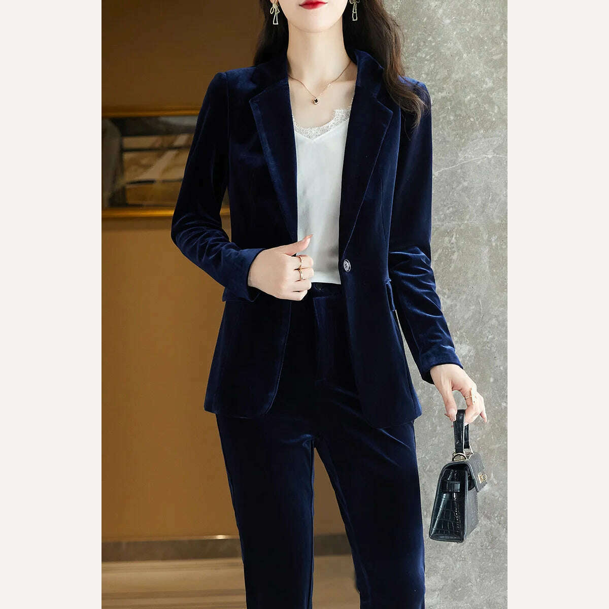 KIMLUD, Korean High-Quality Velvet Autumn Winter Formal Ladies Blazer Business Suits with Sets Work Wear Office Uniform Pants Jacket, Blue blazer  pants / S / China, KIMLUD APPAREL - Womens Clothes