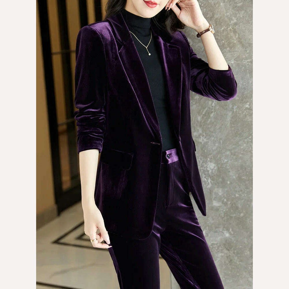 KIMLUD, Korean High-Quality Velvet Autumn Winter Formal Ladies Blazer Business Suits with Sets Work Wear Office Uniform Pants Jacket, KIMLUD Womens Clothes