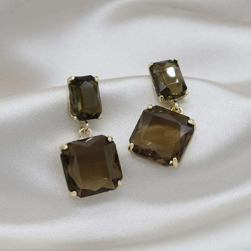 KIMLUD, Korean hot selling fashion jewelry double square crystal earrings four colors simple temperament female daily earrings, brown, KIMLUD Women's Clothes
