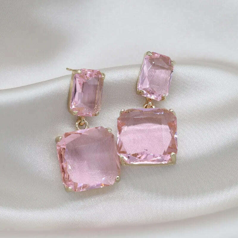 KIMLUD, Korean hot selling fashion jewelry double square crystal earrings four colors simple temperament female daily earrings, pink, KIMLUD Women's Clothes
