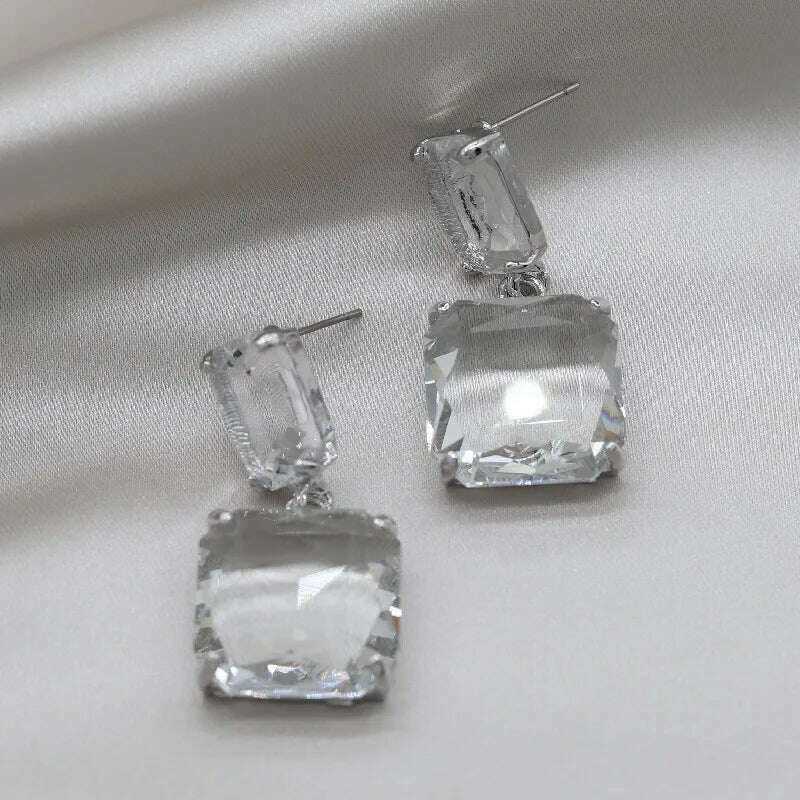 KIMLUD, Korean hot selling fashion jewelry double square crystal earrings four colors simple temperament female daily earrings, silver clear, KIMLUD Womens Clothes