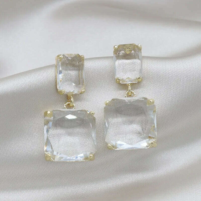 KIMLUD, Korean hot selling fashion jewelry double square crystal earrings four colors simple temperament female daily earrings, clear, KIMLUD Womens Clothes