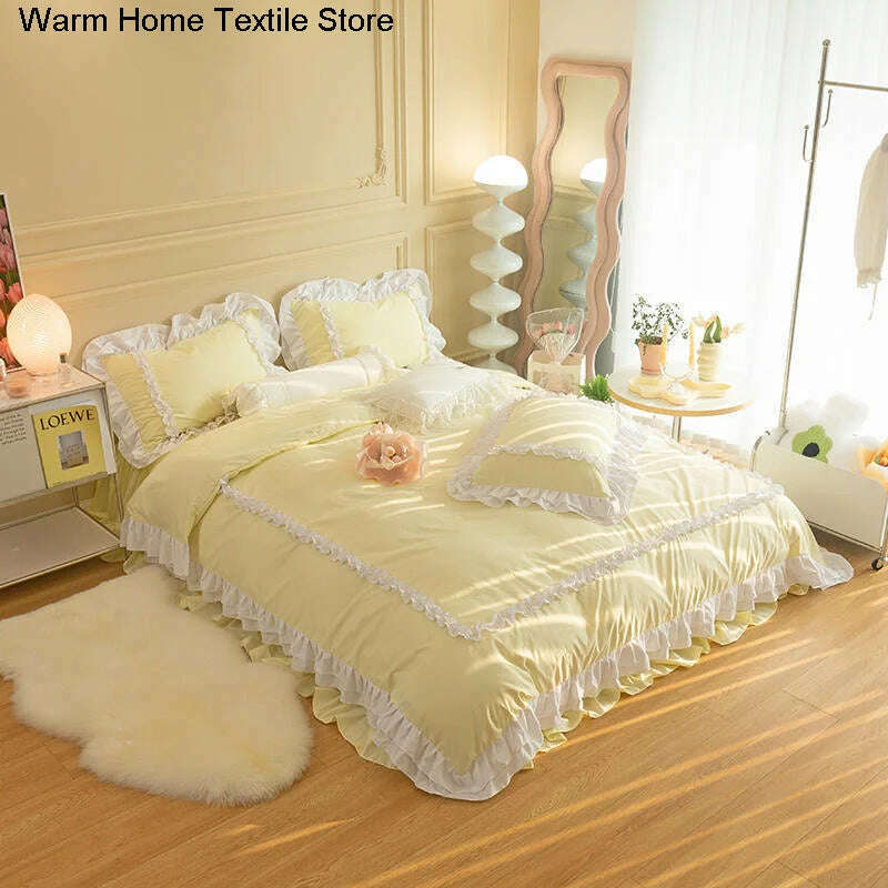 Korean Ins Bedding Set, Luxury Quilt Cover, Pillowcase Flat Bed Sheets, Simple Girl Princess Ruffle Home Textiles - KIMLUD
