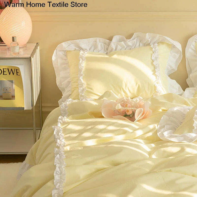 Korean Ins Bedding Set, Luxury Quilt Cover, Pillowcase Flat Bed Sheets, Simple Girl Princess Ruffle Home Textiles - KIMLUD