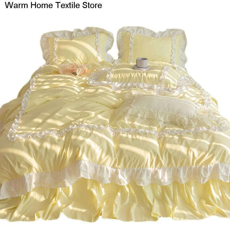 Korean Ins Bedding Set, Luxury Quilt Cover, Pillowcase Flat Bed Sheets, Simple Girl Princess Ruffle Home Textiles - KIMLUD