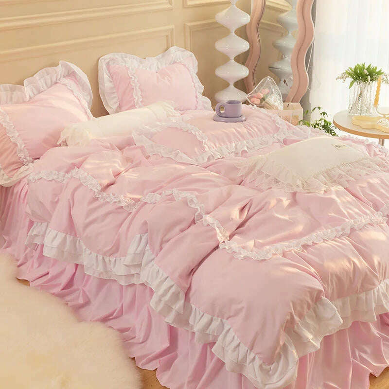 Korean Ins Bedding Set, Luxury Quilt Cover, Pillowcase Flat Bed Sheets, Simple Girl Princess Ruffle Home Textiles - KIMLUD