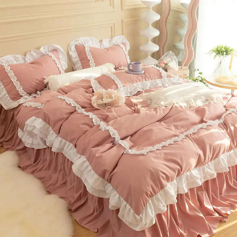 Korean Ins Bedding Set, Luxury Quilt Cover, Pillowcase Flat Bed Sheets, Simple Girl Princess Ruffle Home Textiles - KIMLUD