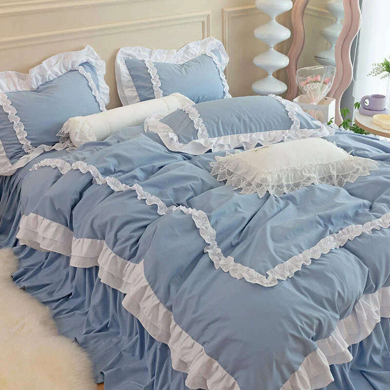 Korean Ins Bedding Set, Luxury Quilt Cover, Pillowcase Flat Bed Sheets, Simple Girl Princess Ruffle Home Textiles - KIMLUD