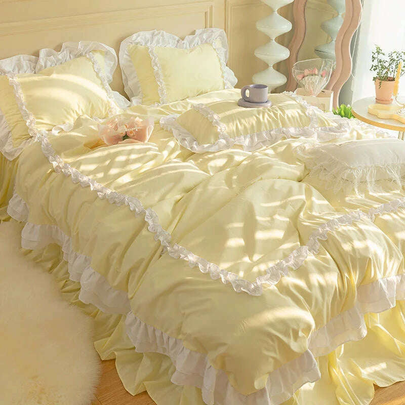 Korean Ins Bedding Set, Luxury Quilt Cover, Pillowcase Flat Bed Sheets, Simple Girl Princess Ruffle Home Textiles - KIMLUD