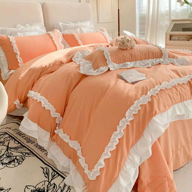 Korean Ins Bedding Set, Luxury Quilt Cover, Pillowcase Flat Bed Sheets, Simple Girl Princess Ruffle Home Textiles - KIMLUD