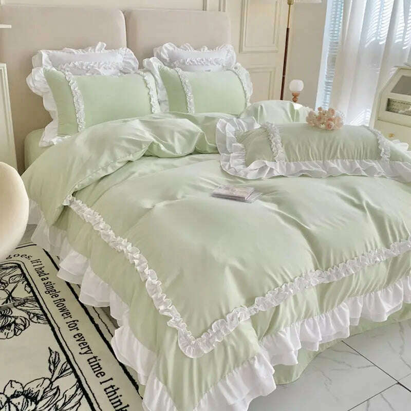 Korean Ins Bedding Set, Luxury Quilt Cover, Pillowcase Flat Bed Sheets, Simple Girl Princess Ruffle Home Textiles - KIMLUD