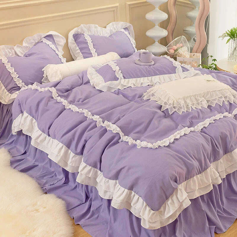 Korean Ins Bedding Set, Luxury Quilt Cover, Pillowcase Flat Bed Sheets, Simple Girl Princess Ruffle Home Textiles - KIMLUD