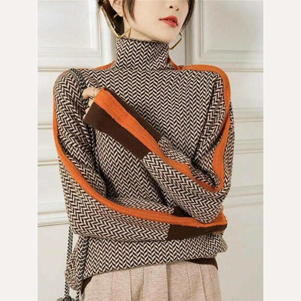 KIMLUD, korean Pullover Sweater knitted sweaters knit jumpers for women fashion 2023 sweater Female Women's Turtleneck knitwears tops, Brown. / S, KIMLUD APPAREL - Womens Clothes