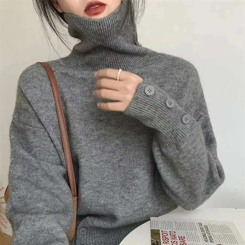 KIMLUD, Korean Slim Woman Pullover Turtleneck Sweater Long Sleeved Loose Jumper Autumn Soft Solid Button Split Female Chic Knitted Top, Picture color / One Size, KIMLUD APPAREL - Womens Clothes