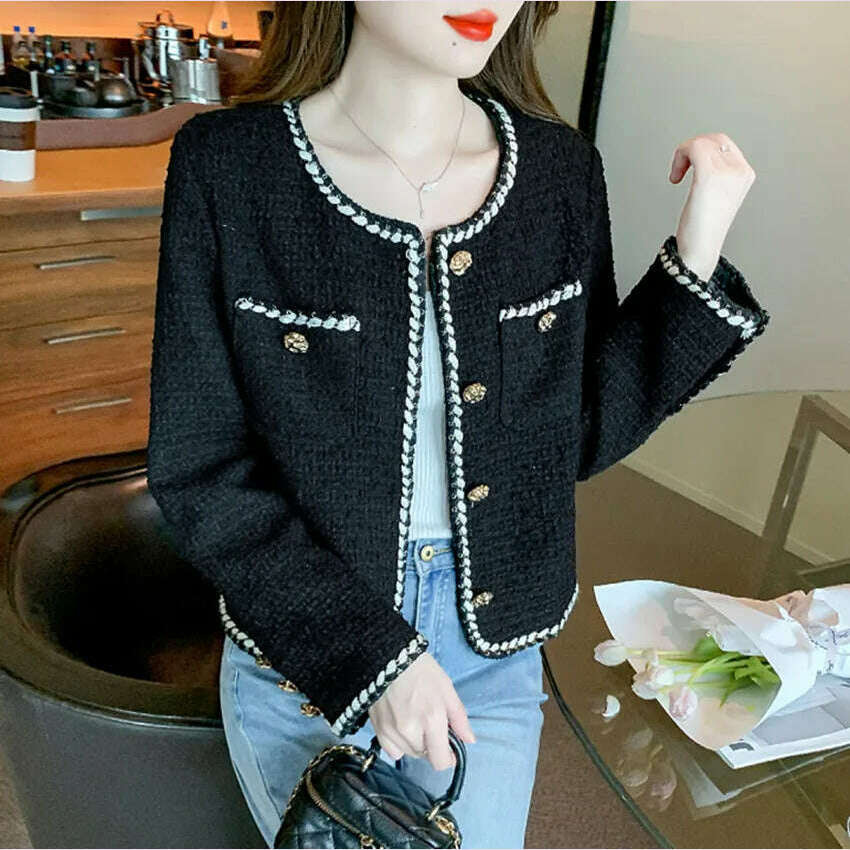 KIMLUD, Korean Small Fragrance Fashion Autumn Winter Women Short Tweed Coat Women O Neck Single Breasted Tweed Jacket Outwear, KIMLUD Womens Clothes
