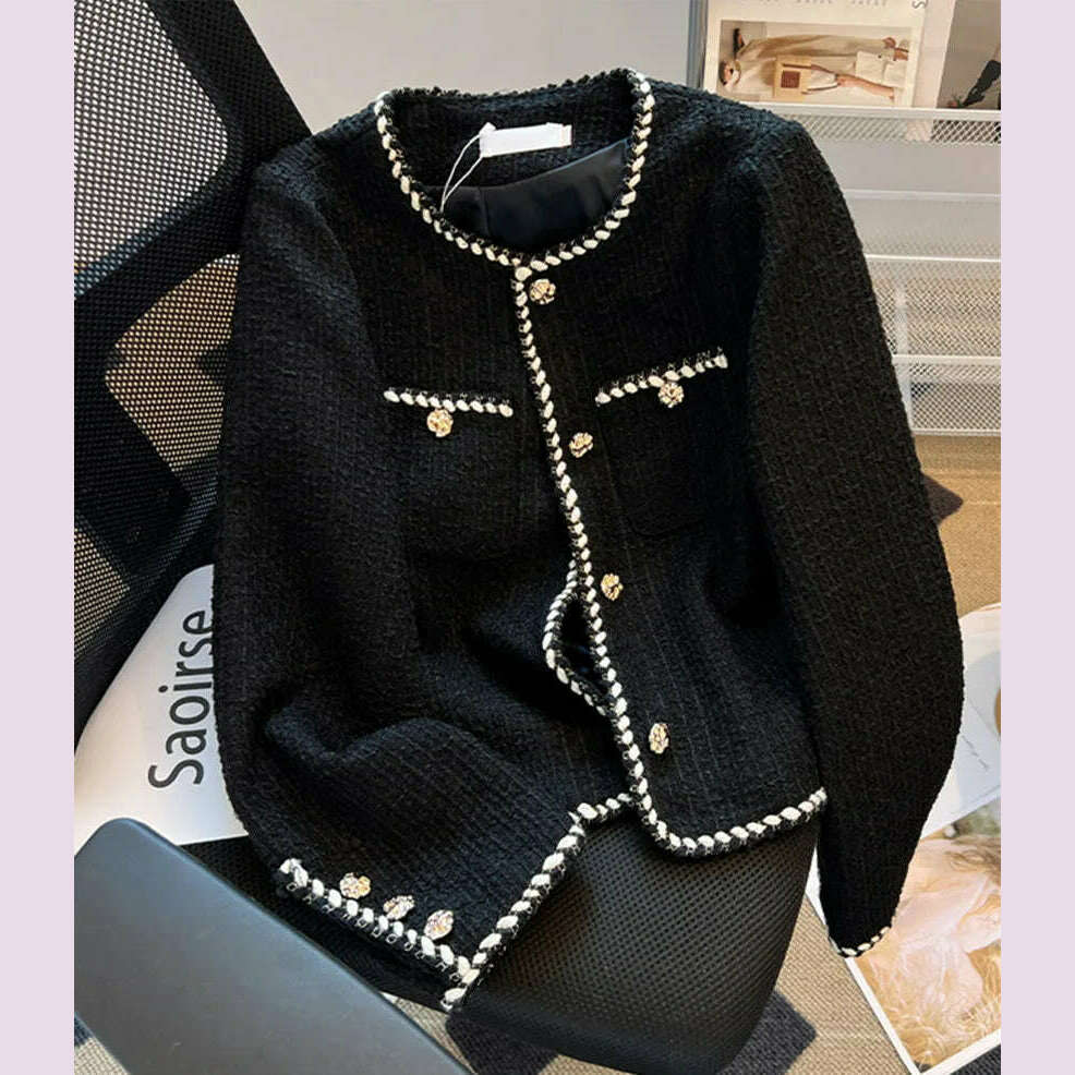 KIMLUD, Korean Small Fragrance Fashion Autumn Winter Women Short Tweed Coat Women O Neck Single Breasted Tweed Jacket Outwear, KIMLUD Womens Clothes