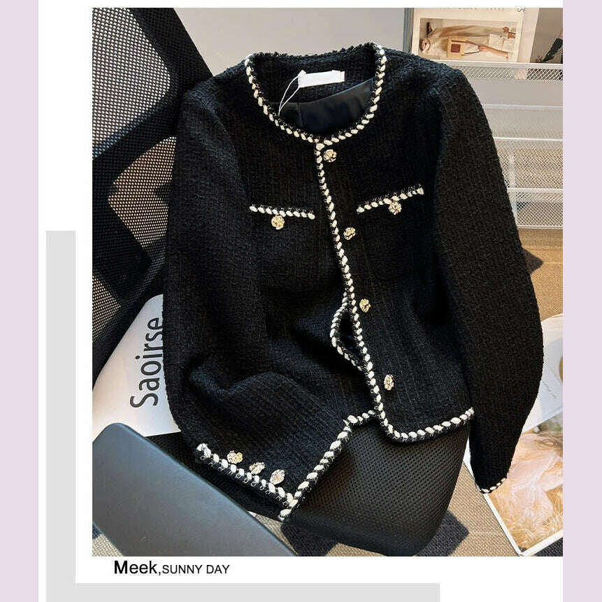 KIMLUD, Korean Small Fragrance Fashion Autumn Winter Women Short Tweed Coat Women O Neck Single Breasted Tweed Jacket Outwear, KIMLUD Womens Clothes