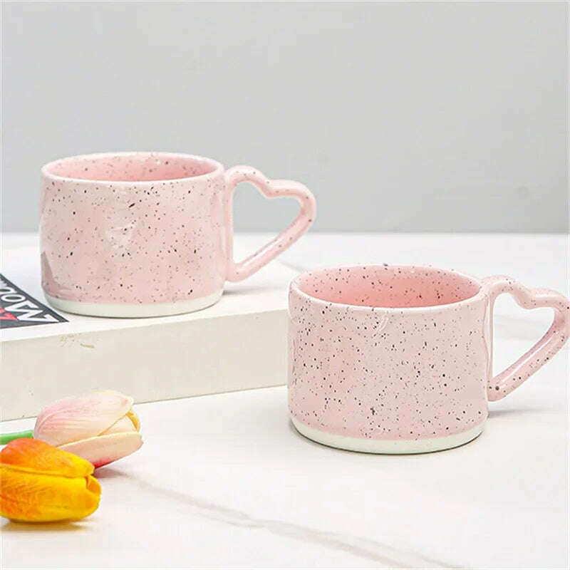 Korean Style ins Ceramics Cup 300ML Pink Love shape handle Coffee Mug Breakfast milk oatmeal cup Water  cup Valentine's Day Gift, KIMLUD Women's Clothes