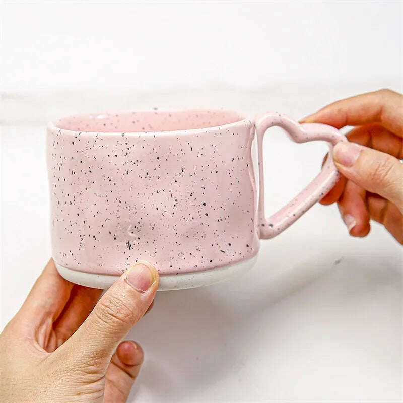 KIMLUD, Korean Style ins Ceramics Cup 300ML Pink Love shape handle Coffee Mug Breakfast milk oatmeal cup Water  cup Valentine's Day Gift, KIMLUD Women's Clothes