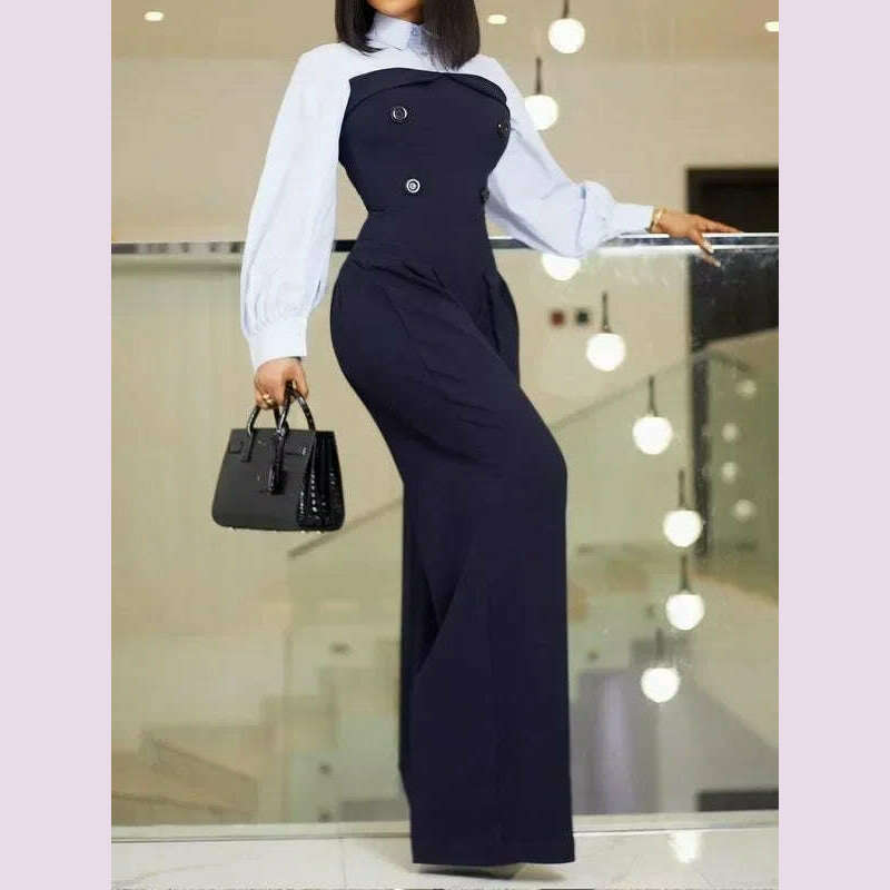 Krisnanas Women's Wide Leg Jumpsuits 2024 New Autumn Long Sleeves Fashion Patchwork Buttoned Loose Casual Office One-piece Suits - KIMLUD